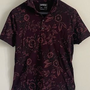Express Polo, red/maroon floral theme, stretch material, size Large